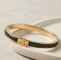 Black Crystal Statement Logo Cuff - Anti Tarnish Gold Plated Bracelet
