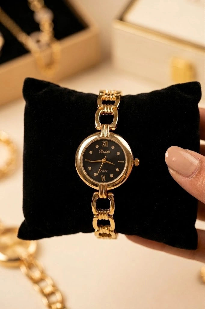 Premium Black Dial Anti-Tarnish Gold Plated Chain Watch for Women