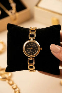 Premium Black Dial Anti-Tarnish Gold Plated Chain Watch for Women