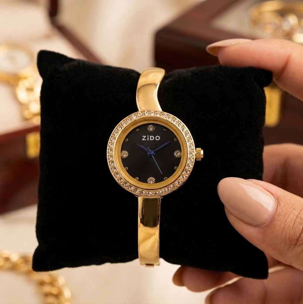 Premium Crystal Bezel Black Dial Watch | Anti-Tarnish Gold Plated Bangle Watch for Women