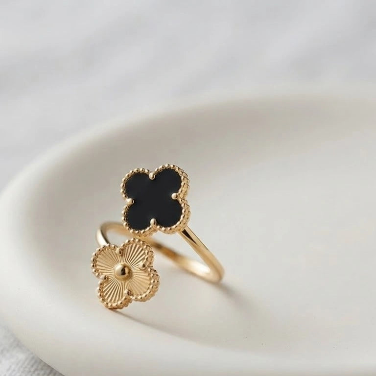 Black Double Clover Adjustable Ring - Anti Tarnish Gold Plated