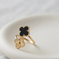 Black Double Clover Adjustable Ring - Anti Tarnish Gold Plated