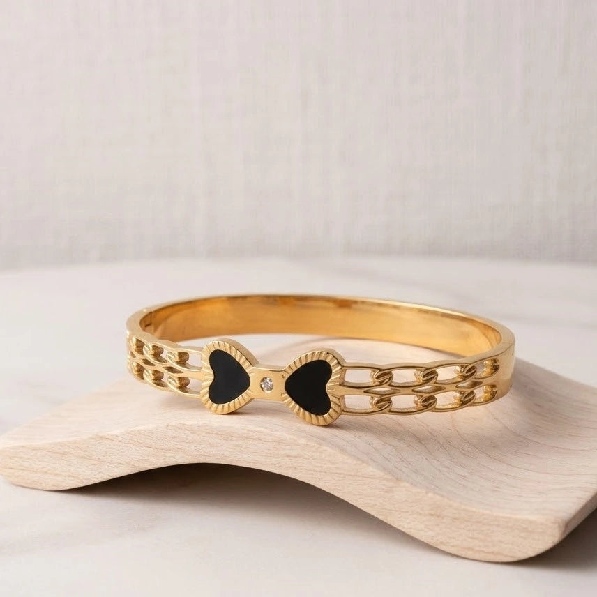 Black Enamel Bow Cuff Bracelet - Anti-Tarnish Gold Plated Bangle for Women