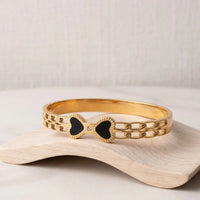 Black Enamel Bow Cuff Bracelet - Anti-Tarnish Gold Plated Bangle for Women