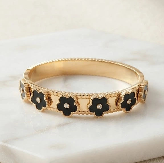 Black Floral Motif Gold Plated Bangle | Anti-Tarnish Minimalist Bracelet
