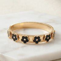 Black Floral Motif Gold Plated Bangle | Anti-Tarnish Minimalist Bracelet