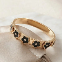 Black Floral Motif Gold Plated Bangle | Anti-Tarnish Minimalist Bracelet