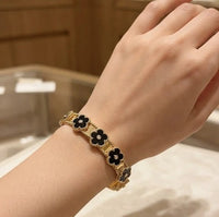 Black Floral Motif Gold Plated Bangle | Anti-Tarnish Minimalist Bracelet