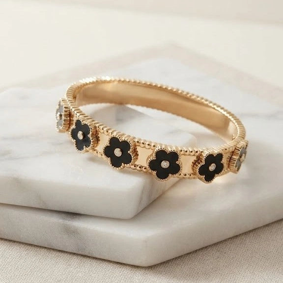 Black Floral Motif Gold Plated Bangle | Anti-Tarnish Minimalist Bracelet