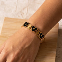 Black Heart Enamel Bangle - Anti-Tarnish Gold-Plated Bracelet for Women