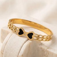 Black Enamel Bow Cuff Bracelet - Anti-Tarnish Gold Plated Bangle for Women