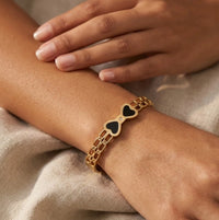 Black Enamel Bow Cuff Bracelet - Anti-Tarnish Gold Plated Bangle for Women