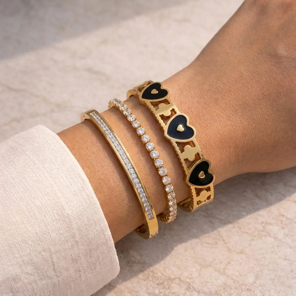 Gold Plated Black Heart & Tennis Bracelet Stack - Anti Tarnish