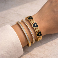 Gold Plated Black Heart & Tennis Bracelet Stack - Anti Tarnish