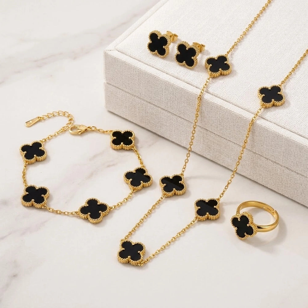 Black Lucky Clover Jewelry Set | Anti-Tarnish Gold Plated 4-Piece