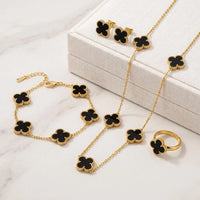 Black Lucky Clover Jewelry Set | Anti-Tarnish Gold Plated 4-Piece