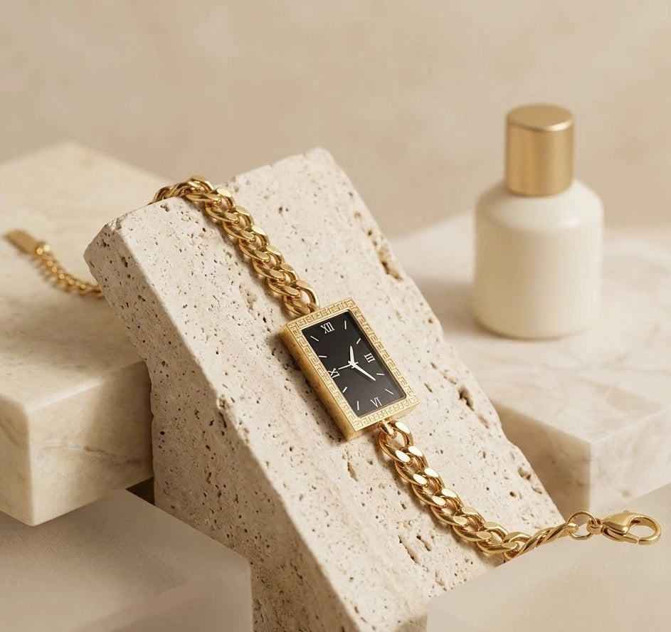 Vintage Rectangular Black Dial Watch Bracelet - Anti-Tarnish Gold Plated ( Dummy Watch )