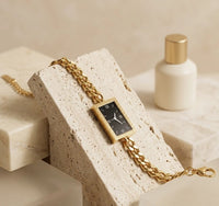 Vintage Rectangular Black Dial Watch Bracelet - Anti-Tarnish Gold Plated ( Dummy Watch )