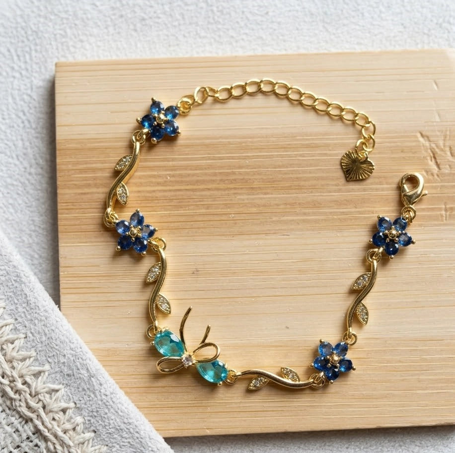 Blue Floral Butterfly Bracelet - Anti Tarnish Gold Plated Vine Design-Tulip