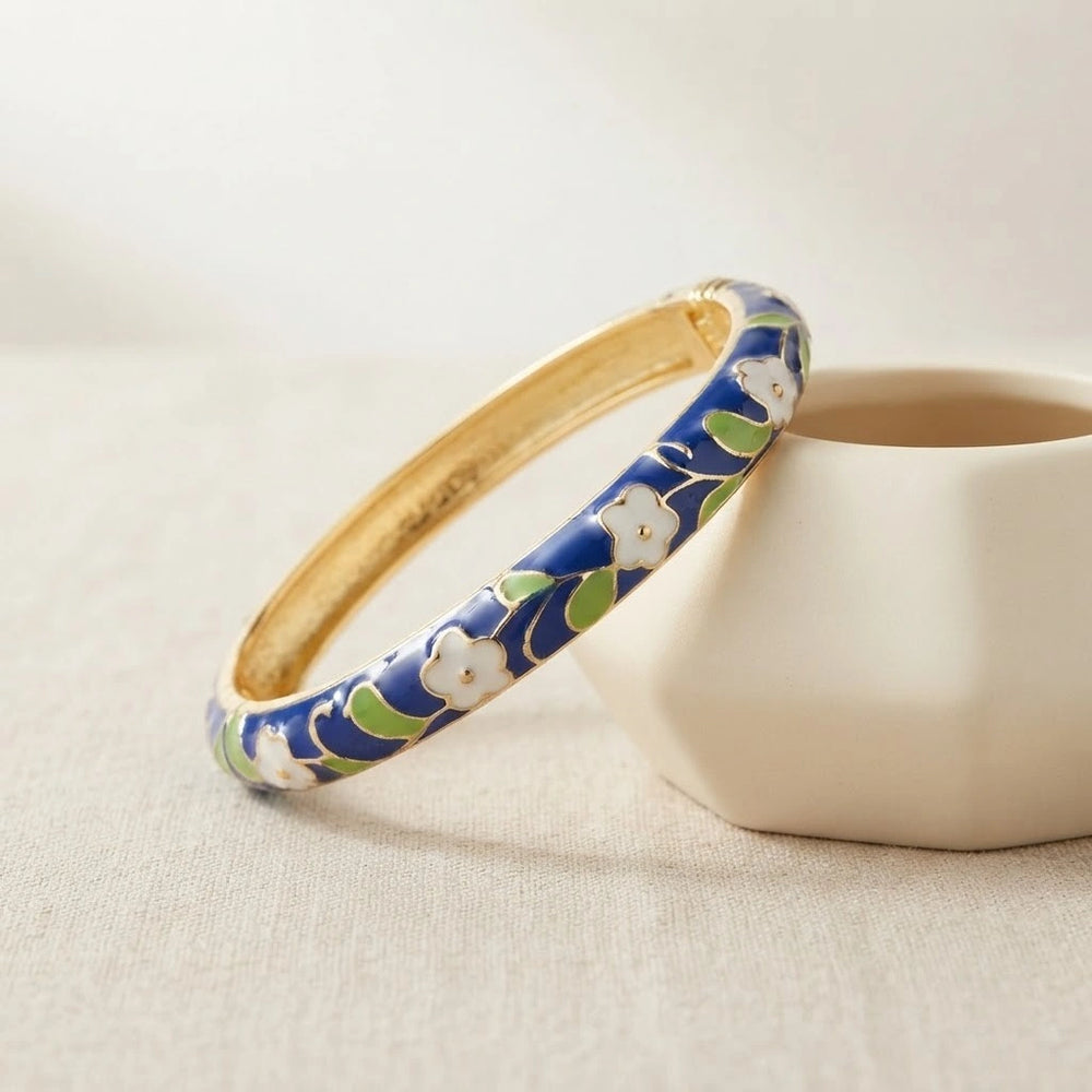 Floral Enamel Bangle Bracelet - Vintage Blue & Gold Design