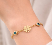 Four Leaf Clover & Evil Eye Charm Bracelet - Anti Tarnish Gold Plated