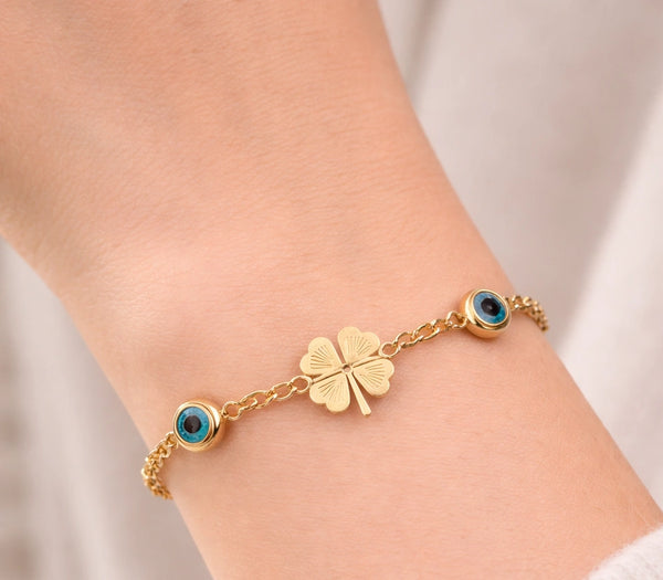 Four Leaf Clover & Evil Eye Charm Bracelet - Anti Tarnish Gold Plated