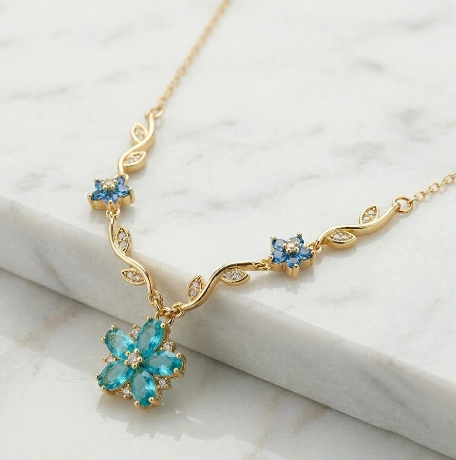 Blue Floral Anti Tarnish Gold Plated Necklace-Tulip