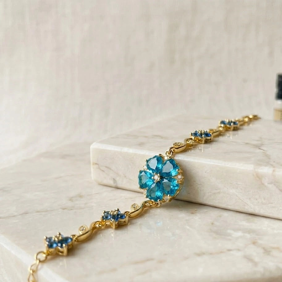 Blue Floral Vine Anti-Tarnish Gold Plated Bracelet for Women