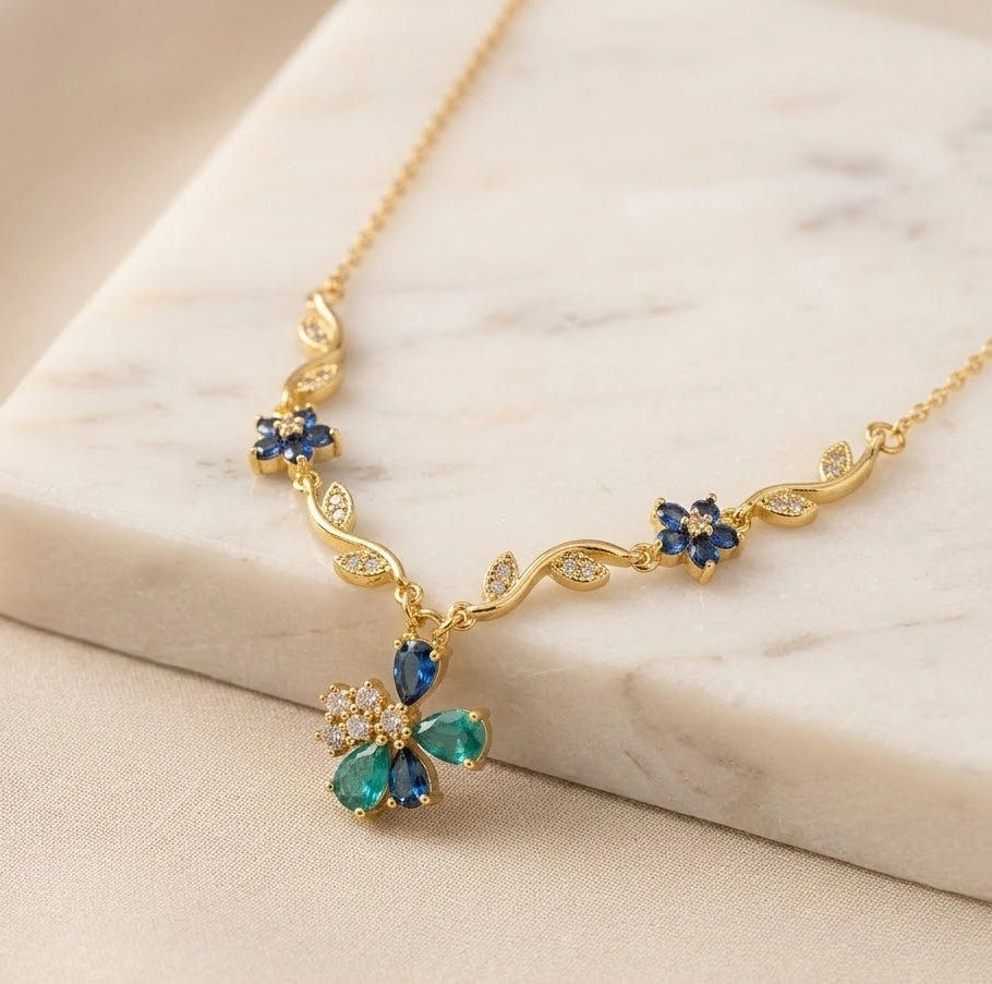 Blue Floral Butterfly Vine Necklace | Anti-Tarnish Gold Plated-Tulip