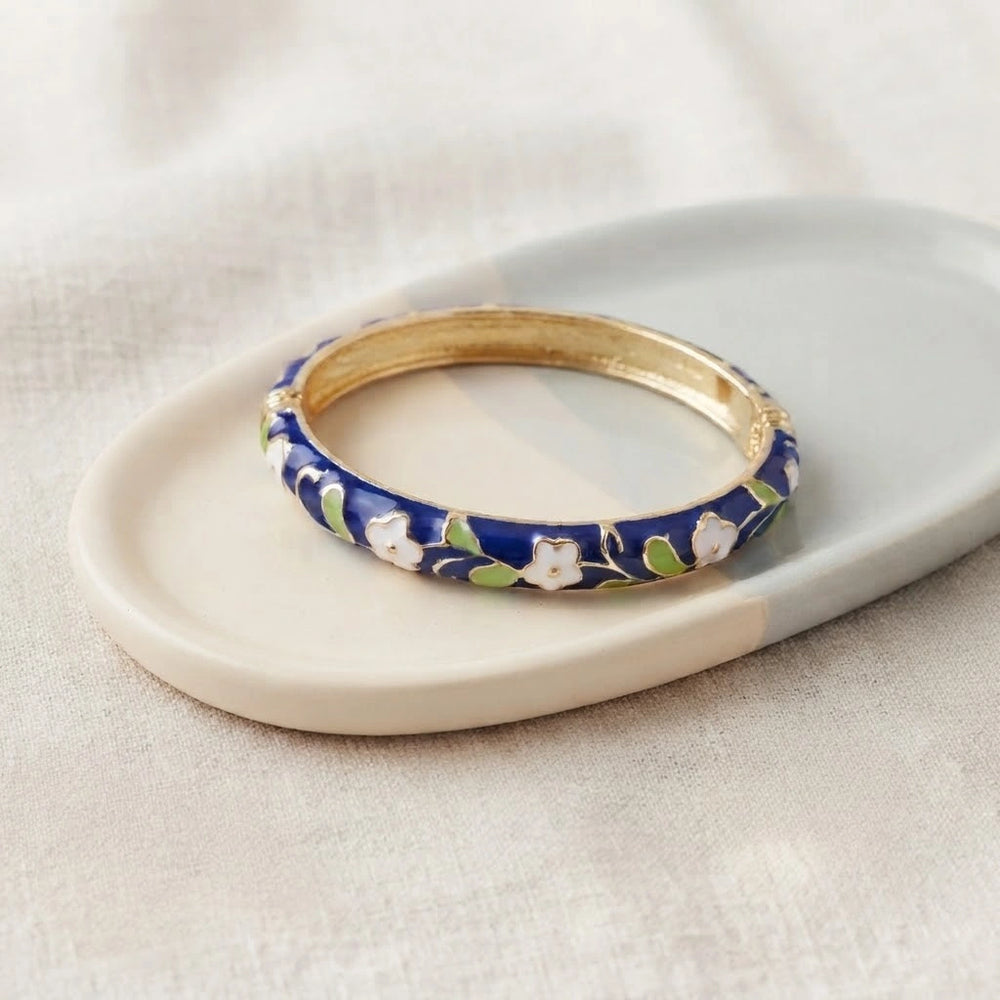 Floral Enamel Bangle Bracelet - Vintage Blue & Gold Design