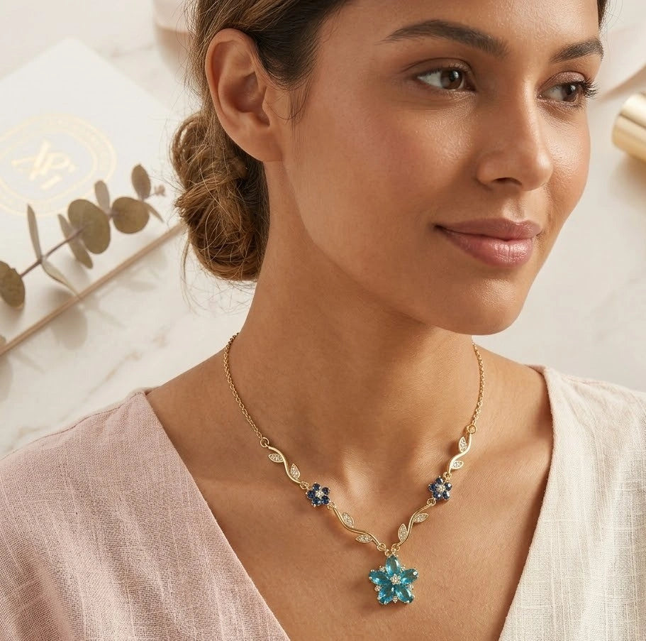 Blue Floral Anti Tarnish Gold Plated Necklace-Tulip