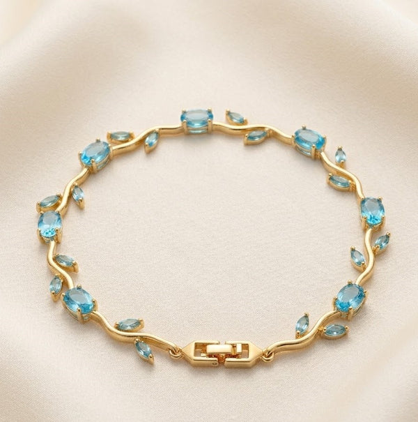 Blue Floral Vine Anti Tarnish Gold Plated Bracelet Front View