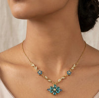 Blue Floral Vine Pendant Necklace - Anti-Tarnish Gold Plated-Tulip