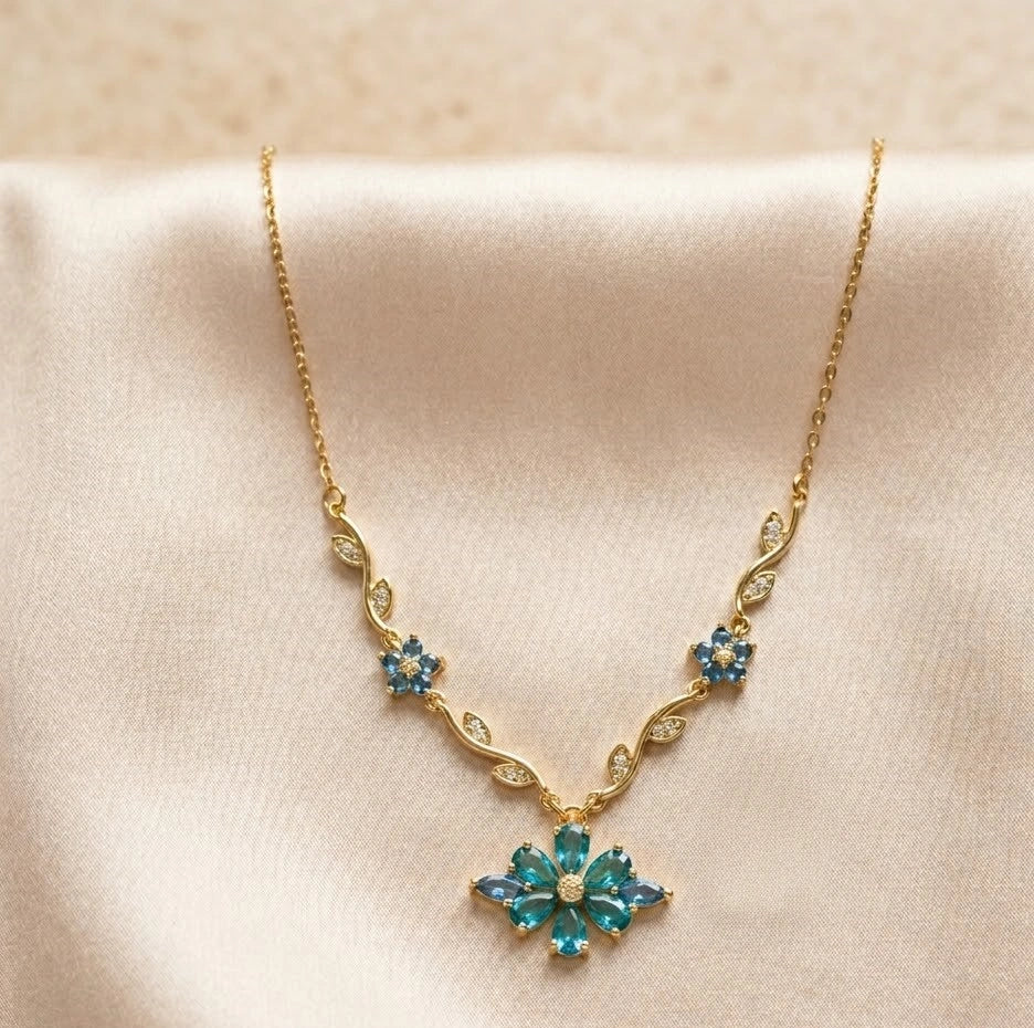 Blue Floral Vine Pendant Necklace - Anti-Tarnish Gold Plated-Tulip