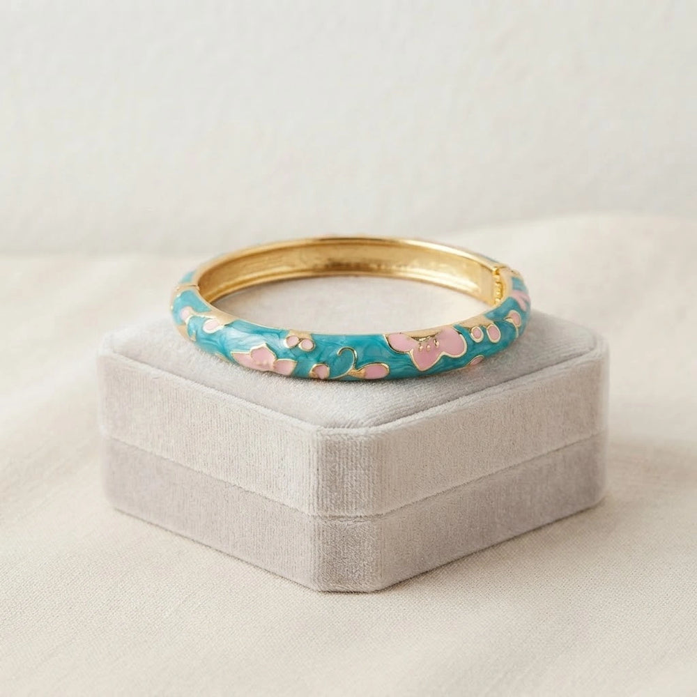 Floral Enamel Gold Plated Bangle - Blue & Pink Cherry Blossom Bracelet