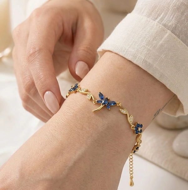 Blue Sapphire Color Flower Bracelet with Gold Plating