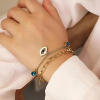 Evil Eye Blue Stone Layered Bracelet - Anti Tarnish Gold Plated Chain