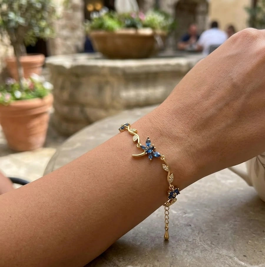Tulip Dragonfly Blue Floral Anti Tarnish Gold Plated Bracelet