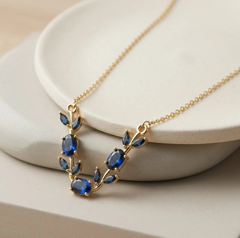 Tulip Elegant Blue Stone Floral Vine Necklace | Anti Tarnish Fashion Jewelry