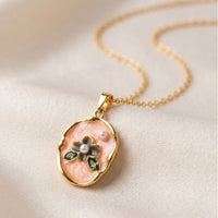 Pink Floral Enamel Pendant Necklace - Anti Tarnish Gold Plated