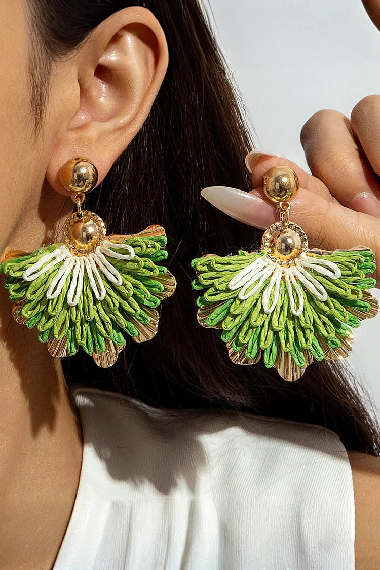 Boho Green Fringe Fan Statement Earrings - Tropical Tassel Drops