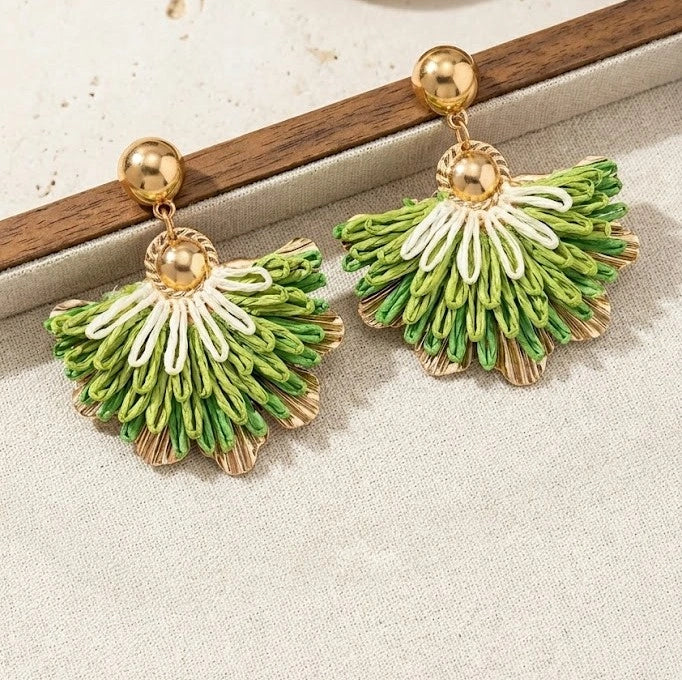 Boho Green Fringe Fan Statement Earrings - Tropical Tassel Drops