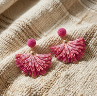 Pink Boho Woven Fan Tassel Statement Earrings