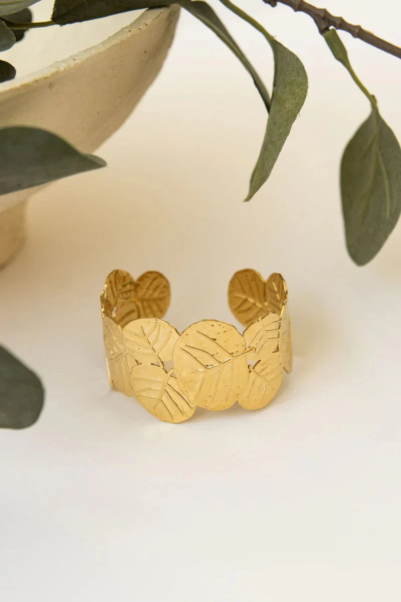 Textured Gold Leaf Cuff Bracelet | Anti-Tarnish Statement Bangle for Women