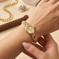 Moncheri Oval Dial Multi-Color Stone Bracelet Watch - Anti-Tarnish Gold Plated