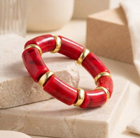 Crimson Red Tube Statement Bracelet with Gold Accents