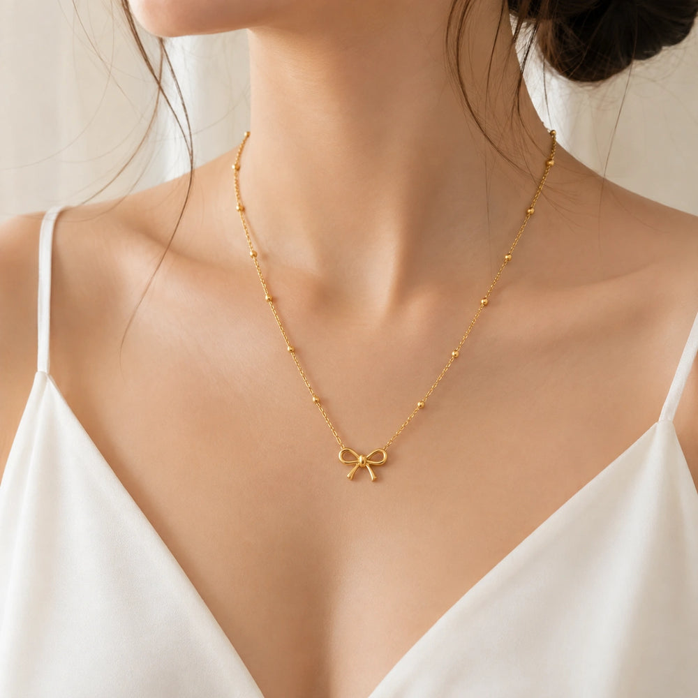 Bow Necklace Gold Plated (Anti-Tarnish) – Korean Style Dainty Ribbon Pendant for Women & Girls