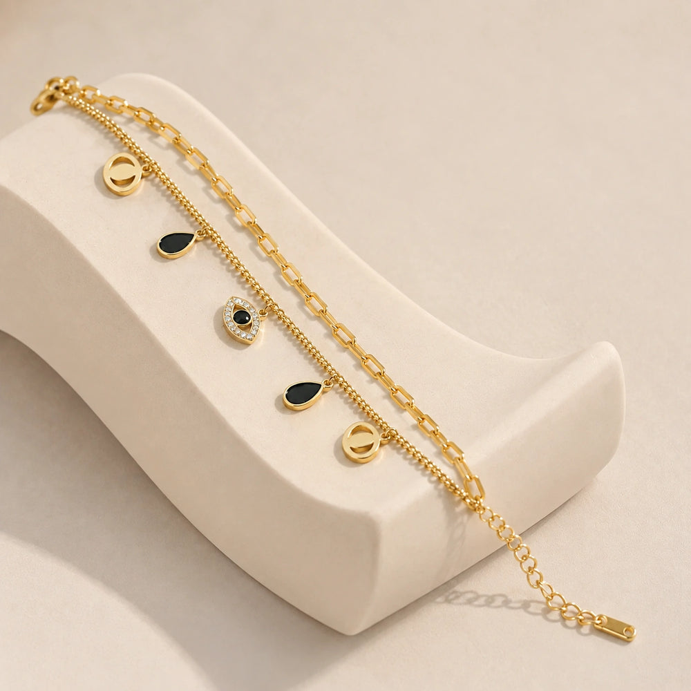 Evil Eye & Crystal Bangle 2-Piece Stack - Anti-Tarnish Gold Plated