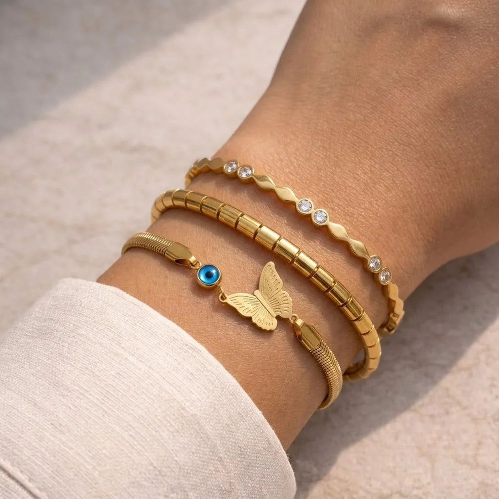 3-Piece Butterfly & Evil Eye Gold Bracelet Combo (Anti-Tarnish)