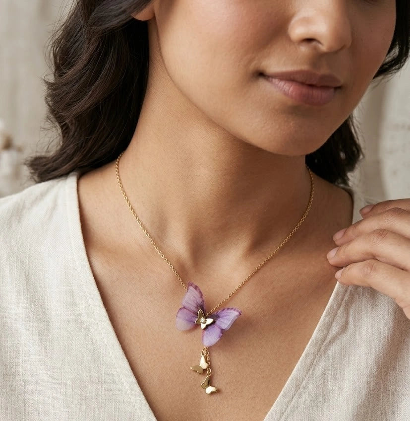 Enchanted Purple Butterfly Necklace - Anti-Tarnish Gold Plated | Korean Aesthetic